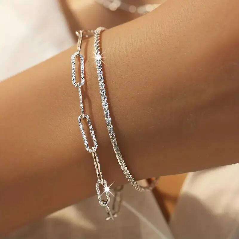 2/6PCS 925 Sterling Silver Link Chain Bracelet for Women Girls Luxury Sparkling Crystal Minimalist Daily Wear Jewelry Gift Z260313