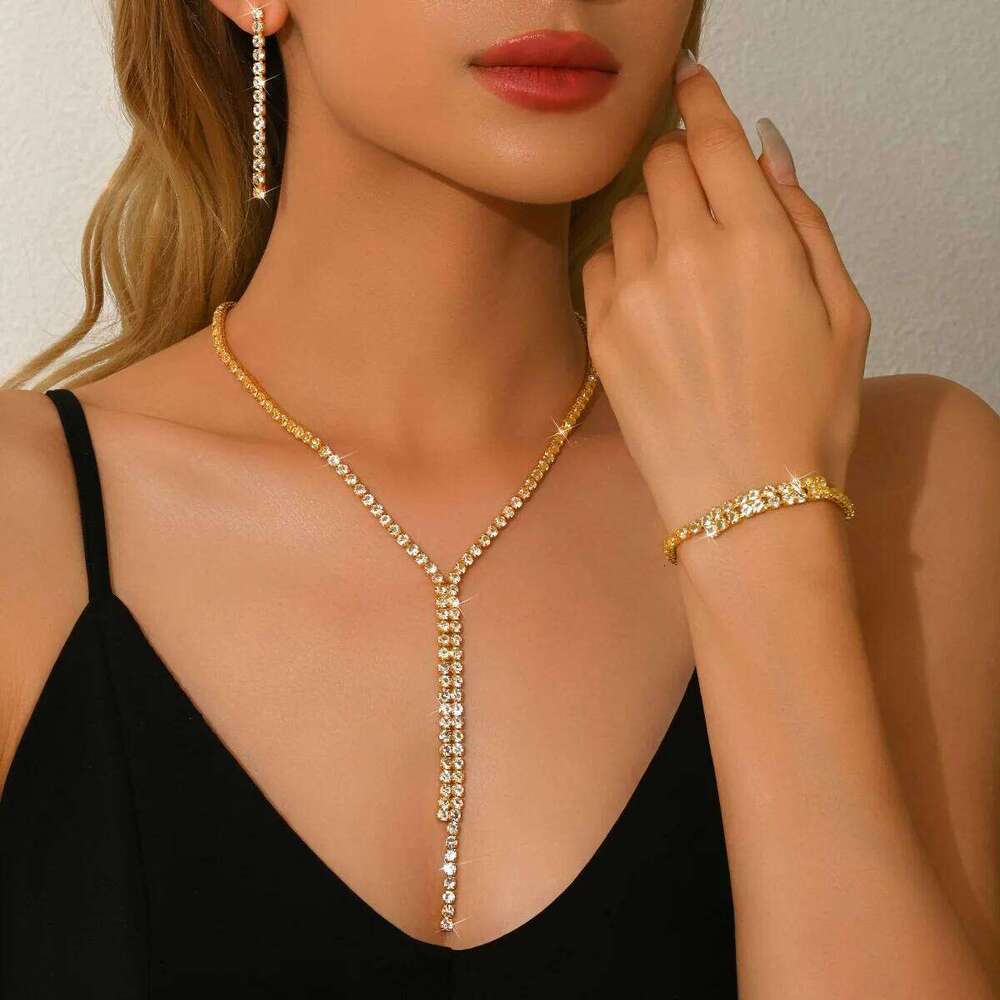 Black Copper Alloy Beaded Jewelry Set: Y-Necklace Long Earring + Bracelet Women's Minimalist Statement Accessories for Party Z260313