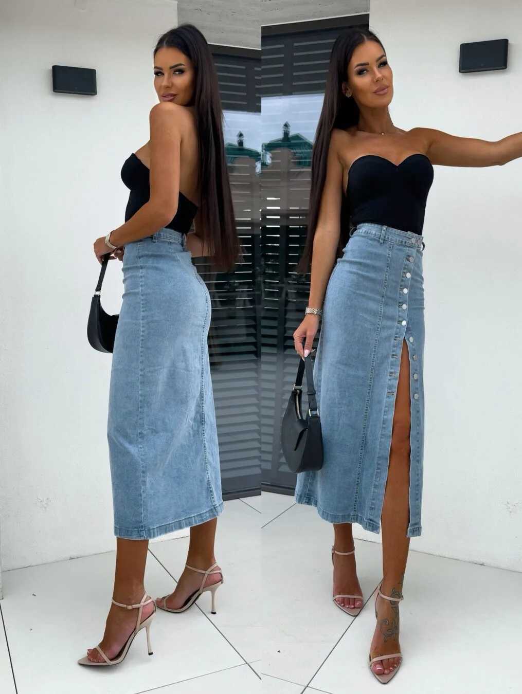Autumn Women High-waist Retro Button Irregula Skirt Slit Washed Blue Denim Skirts Woman Package Hip Jeans Skirt Streetwear 2026 M260314