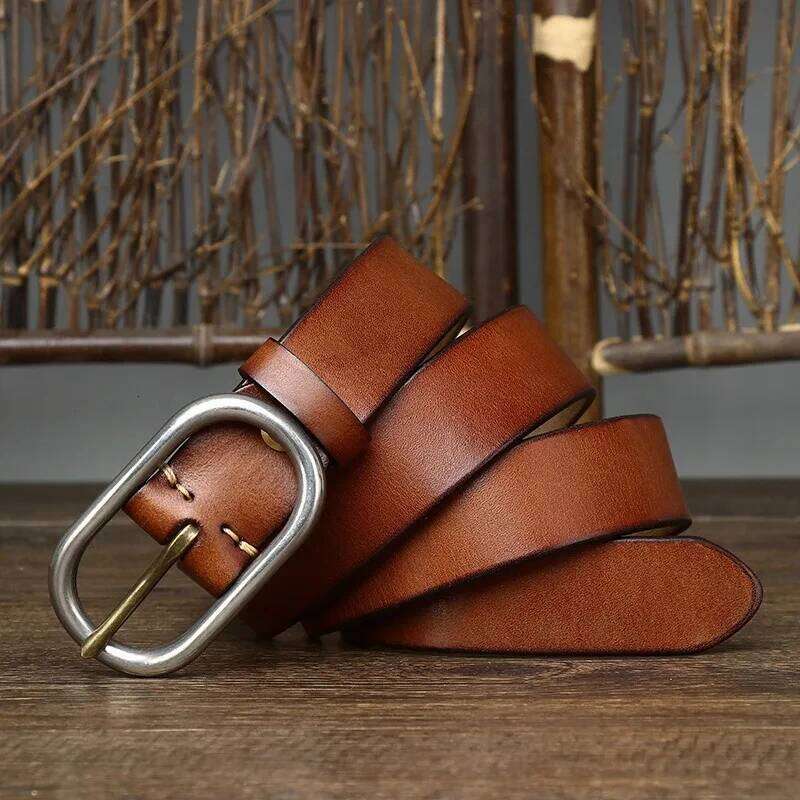 3.3CM Male Retro Natural Thick Cowskin Genuine Leather Casual Stainless Steel Buckle Head Men's Jeans Belt Z260226