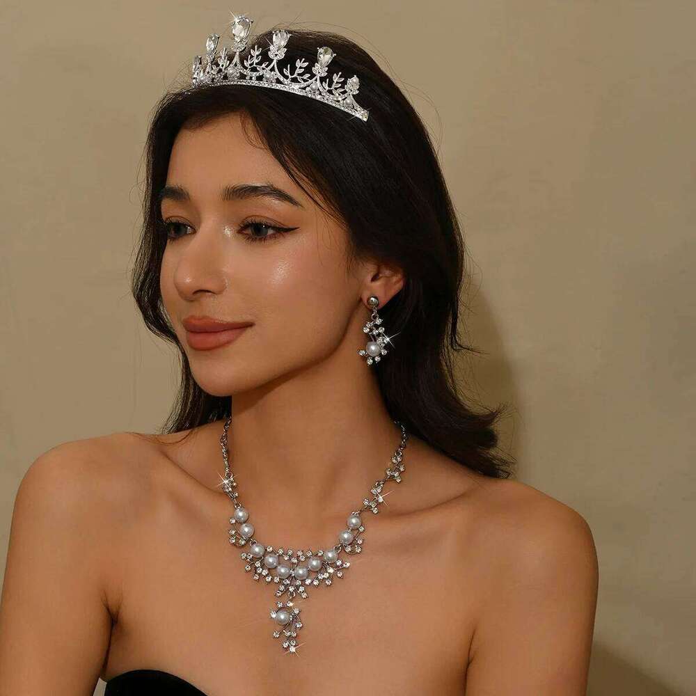 Ladies' fashionable water droplet design luxurious crown necklace earrings jewelry set wedding party holiday gift Z260313