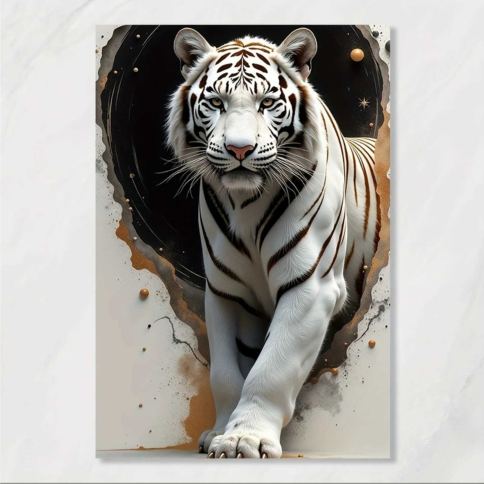 White Tiger with Cosmic Background Canvas Print 3D Illusion Art Bold Animal Design Frameless for Home Office Decor D260314