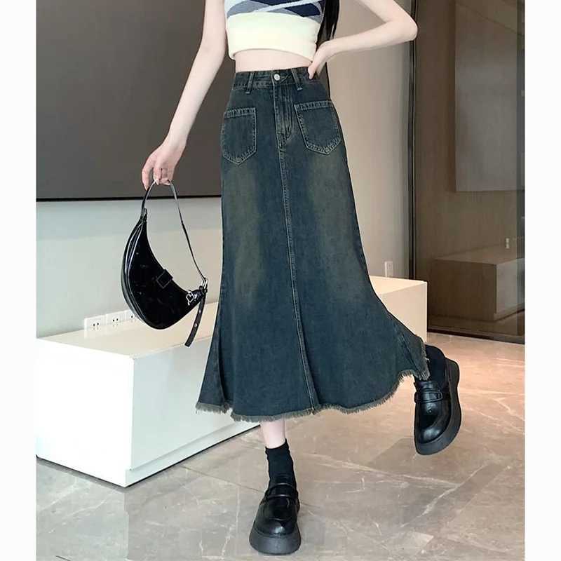 Summer Women High Waist Slim Fit Jeans Skirts s Classic Thin Mid-Long Skirts Lady Chic Korean Raw Edge Denim Dress M260314