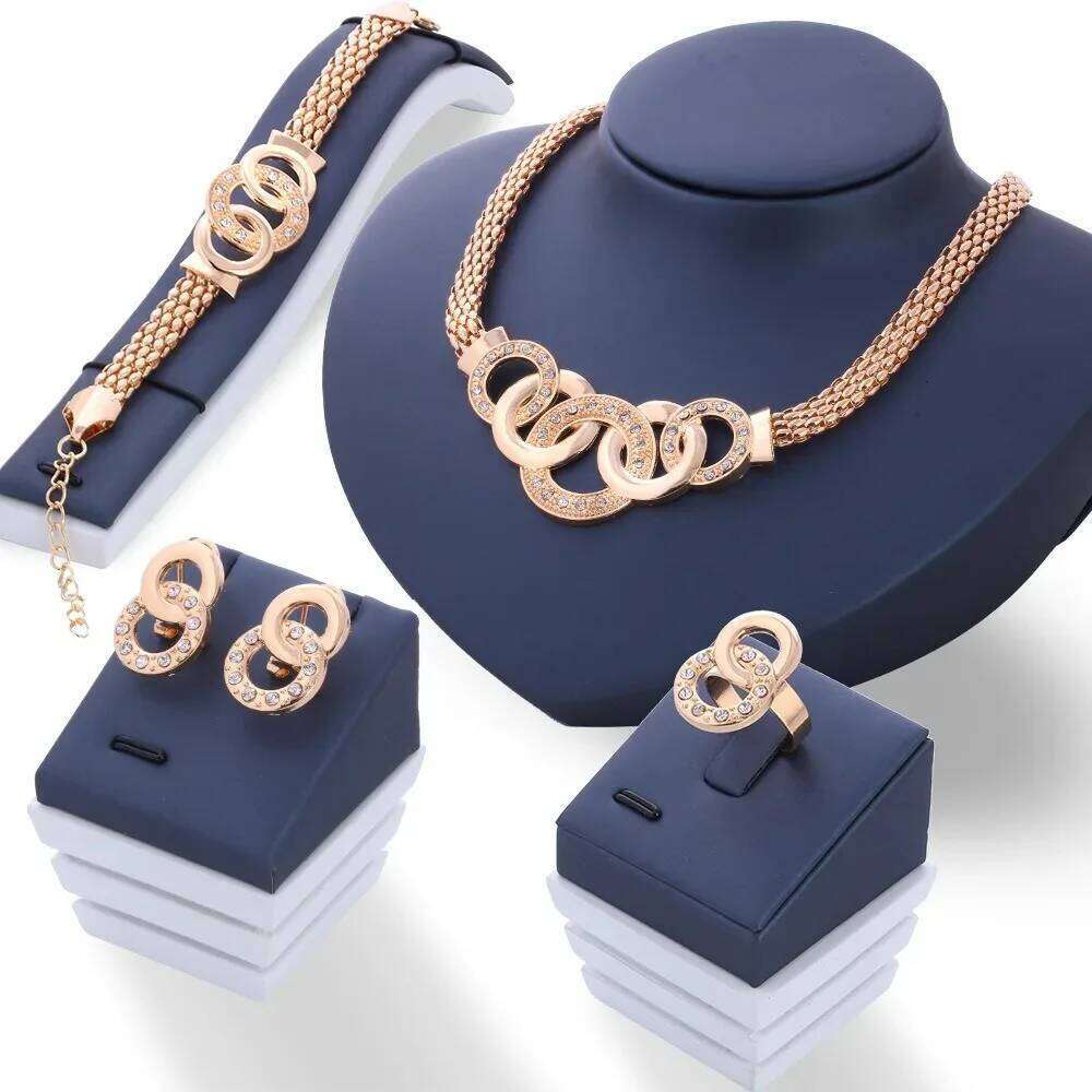 4 Pcs Luxury Gold Color Geometric Circle Zircon Necklace Earrings Ring Bracelet for Women Charm Wedding Bride Jewelry Set Z260313