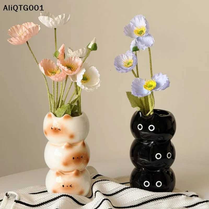 Ceramic Siamese Cat Flower Pot Living Room Bedroom Decorative Ornaments Creative Flower Arrangement Storage Holder Y260314