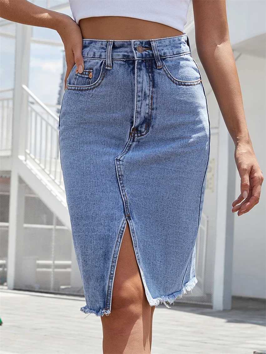 Womens Front Slit Blue Denim Skirt Pockets High Waist Slim Zipper Fly Midi Skirts 2023 Spring Female Casual Streetwear M260314