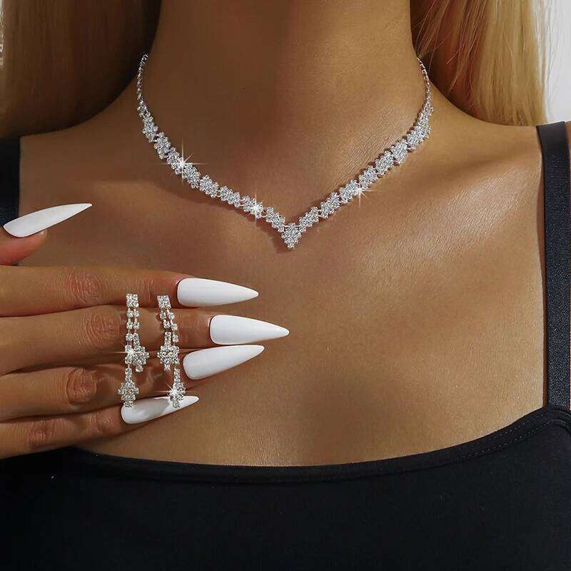 1Set Geometric Rhinestone Necklace Earrings Bracelet Kit Wedding Bride Simple Tassel Sparkling Jewelry Set Gifts Z260313