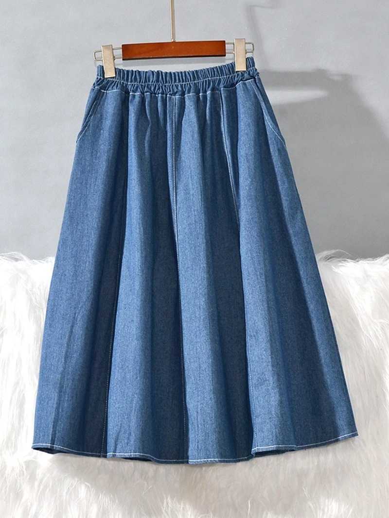 Summer Thin Denim f-length Skirt with kets for Women Mid-waist A-line Skirt Resin Color-fastening Loose Flared Skirt M260314