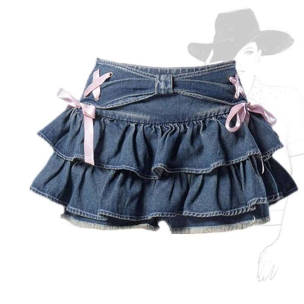 Tiered Skort With Pink Bows Women Low Vintage Pleated Adjustable Waist A Line Mini Denim Skirt Y2k Clothes Z260314