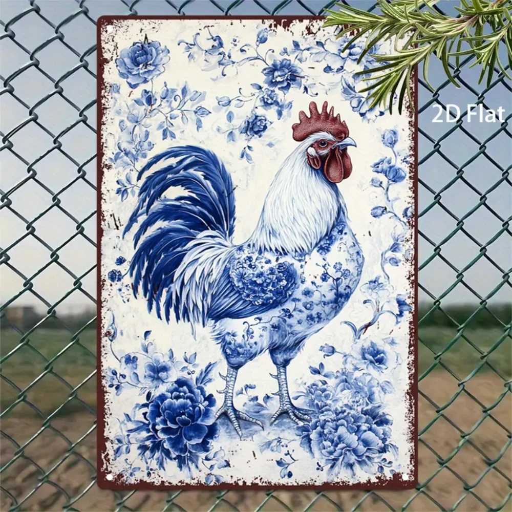 Vintage Rooster Floral Metal Sign 8x12 Inch Blue White Red Rustic Wall Art for Cafe Beach House D260314