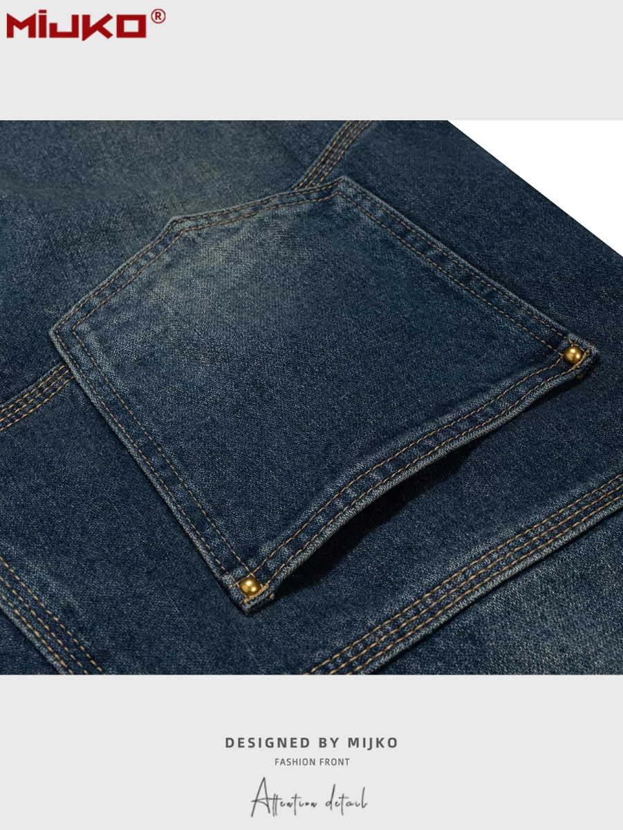 MIJKO Men's and Women's Spring and Summer New Indigo Work Denim Shorts Unisex Washed Vintage Deconstructed Design Trendy TJ169