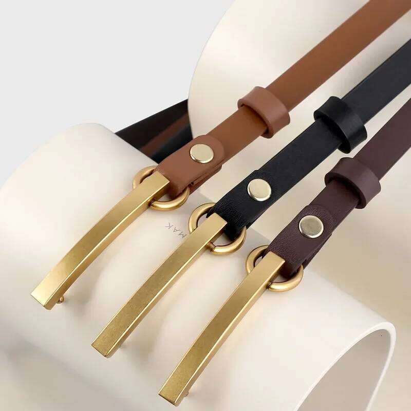 Women Fashion Genuine Leather Retro Long Plate Buckle Belt Cowhide Waistband with High-grade Gold Color Button Z260226