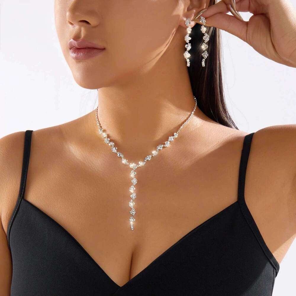 Simple Sparkling Rhinestone Jewelry Set For Women Silver Plated Fashion Geometric Necklace Earrings Party Bride Wedding Decor Z260313