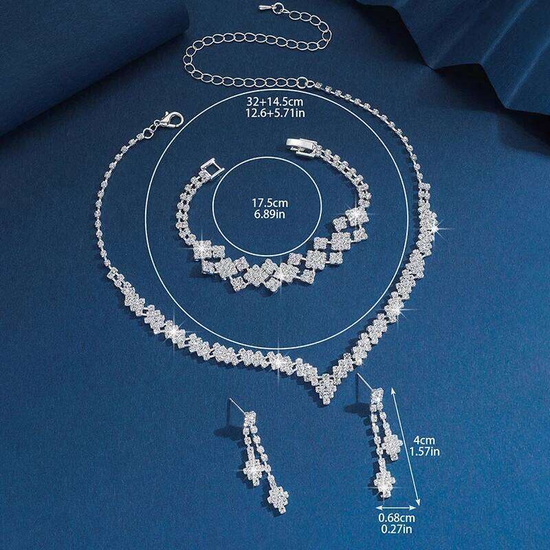 1Set Geometric Rhinestone Necklace Earrings Bracelet Kit Wedding Bride Simple Tassel Sparkling Jewelry Set Gifts Z260313