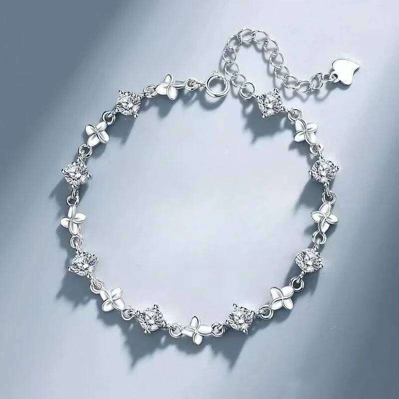 925 Sterling Silver Leaf Shaped Bracelet for Women Vintage Korean Shiny White Crystal Adjustable Bracelets Party Jewelry Z260313