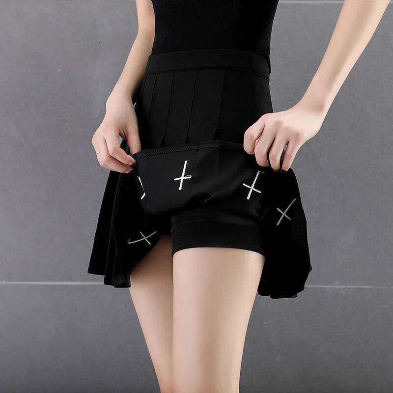 Black High Waist Mini Punk Vintage Gothic Streetwear Cross Print Pleated Women Skirts Lolita Harajuku Skirt Z260314