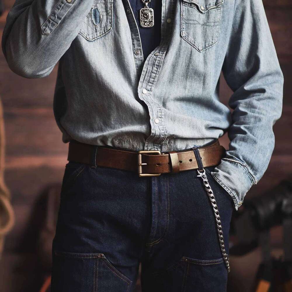 4cm Wide American Handmade Extra Thick Cowhide Men's Vintage Brass Pin Buckle Genuine Leather Jeans Tooling Motorcycle Belt Z260226