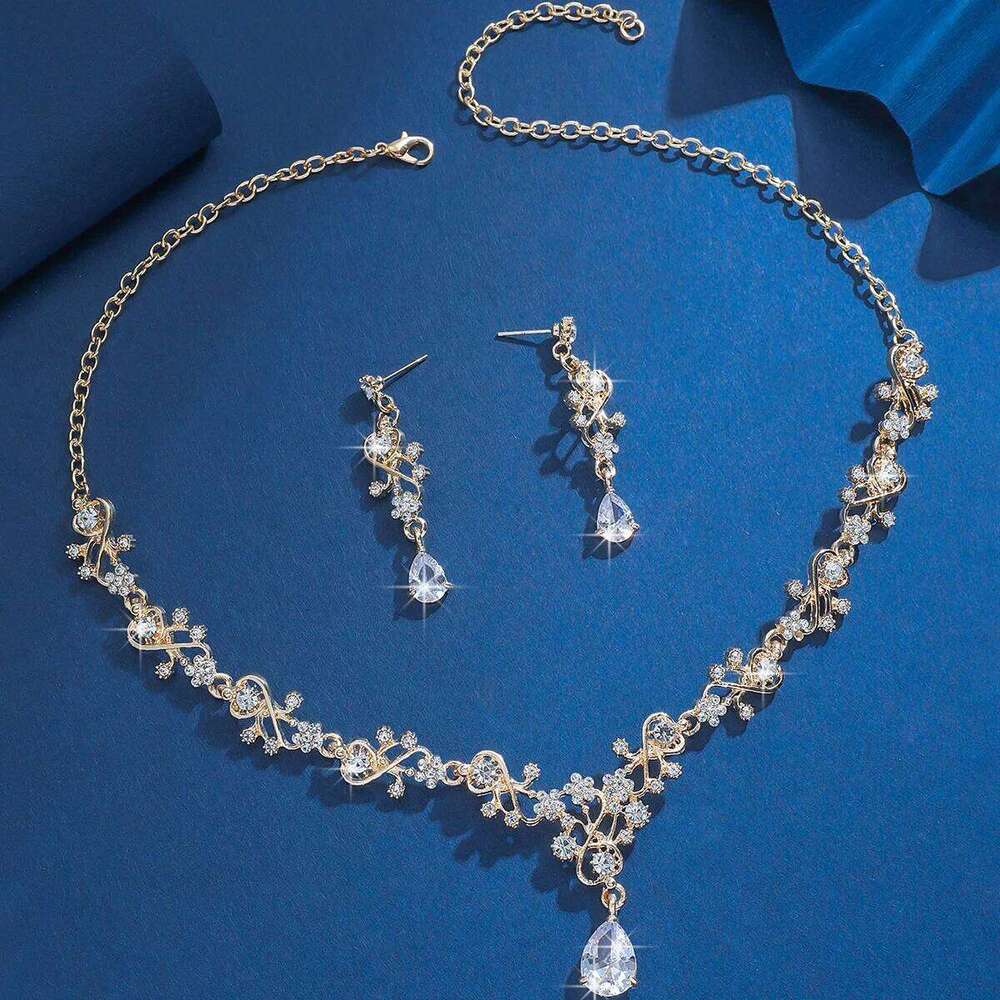 Gold Plated Crystal Jewelry for Women - Bridal Party Necklace Earrings Set with Teardrop Pendant Z260313