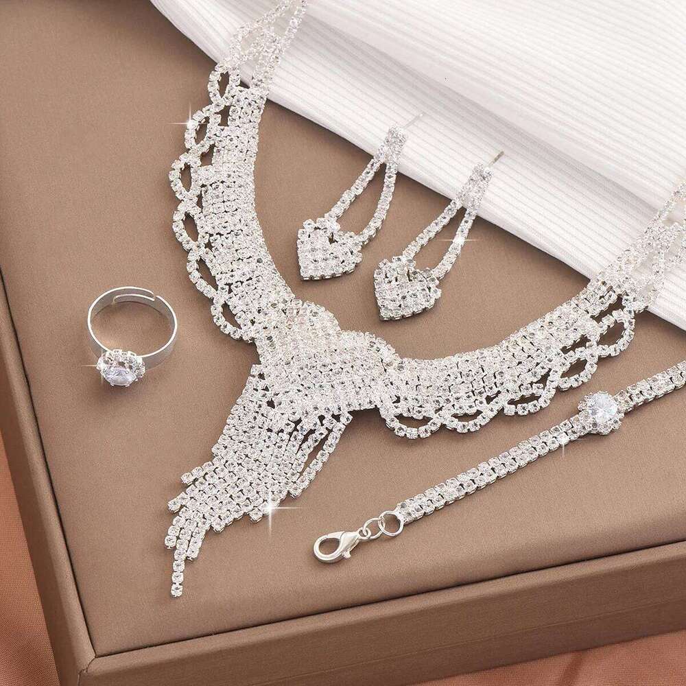 Women's fashionable rhinestone tassel necklace earrings bracelet ring jewelry set wedding party holiday gift Z260313