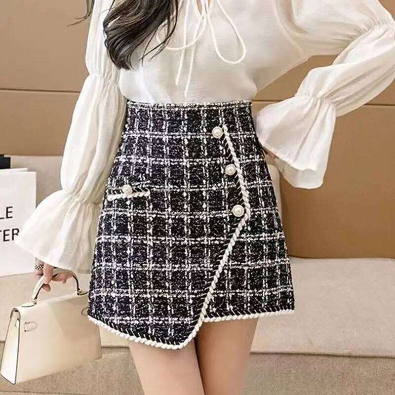Whisper Printing Autumn Winter New Korean High Waist Plaid Western Style Irregular Button Comfortable All-match Mini Skirt Z260314