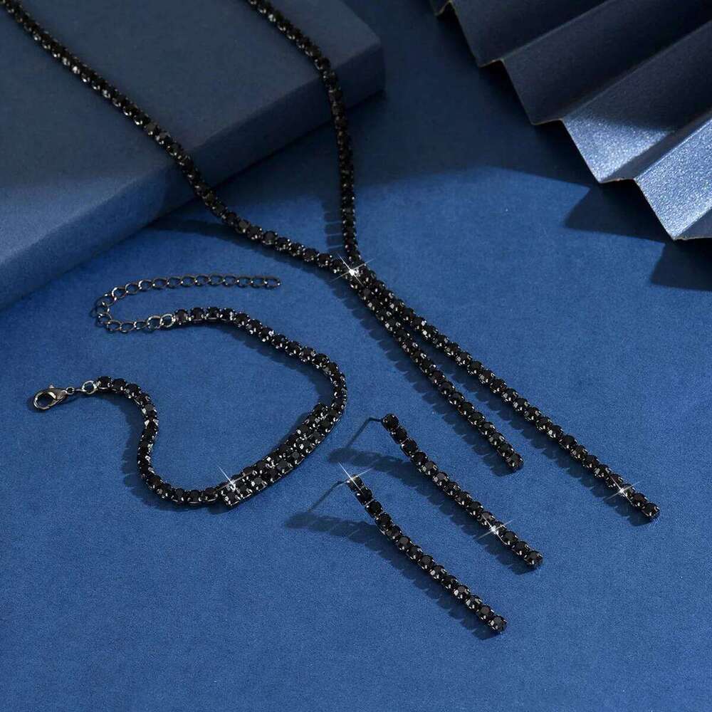 Black Copper Alloy Beaded Jewelry Set: Y-Necklace Long Earring + Bracelet Women's Minimalist Statement Accessories for Party Z260313