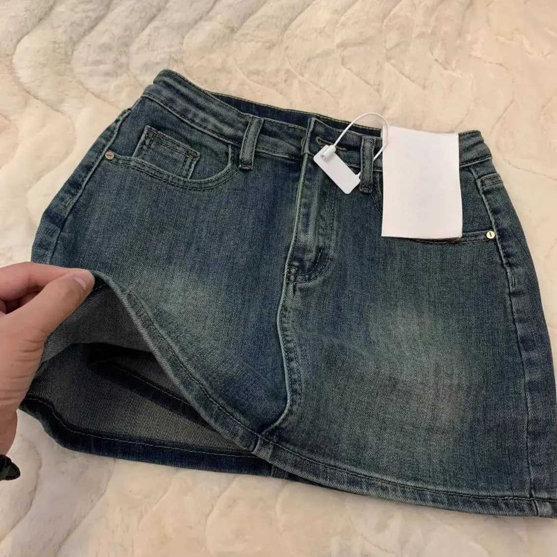 Retro Faded Denim Mini Skirt Womens Small Size Summer New High Waist Loose Fit Anti Exposure Skirt Cotton Denim Half Body Skirt M260314