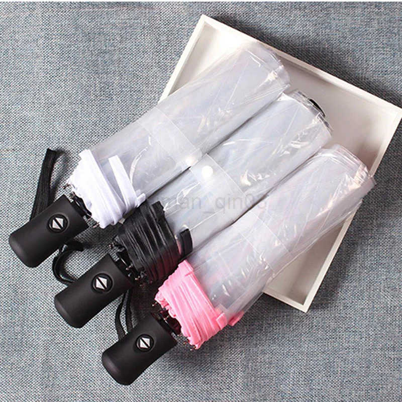 Student minimalist transparent folding umbrella fully automatic transparent three-fold umbrella windproof and rainproof H260314