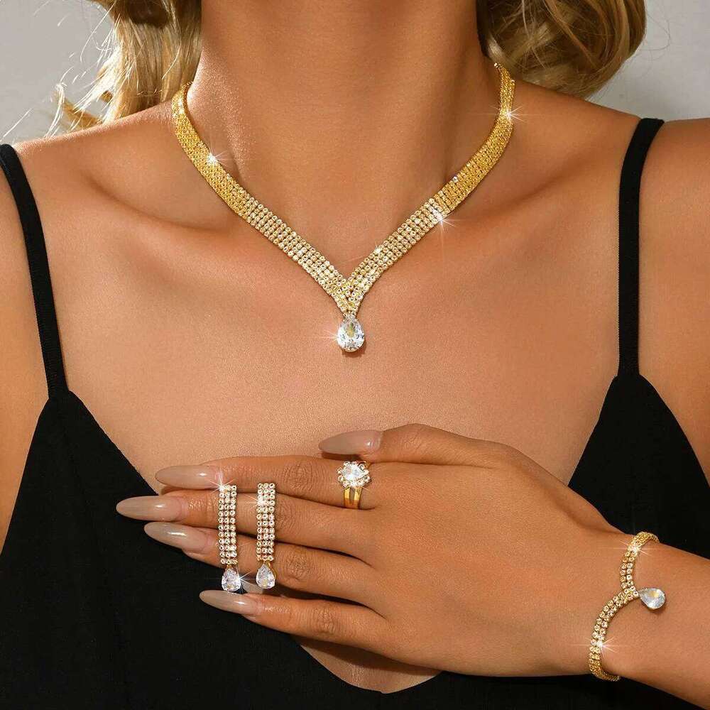 5piece Luxury Rhinestone Bridal Wedding Jewelry Set, Elegant and Sparkling Party Necklace Earrings Bracelet Ring, Romantic Women Z260313