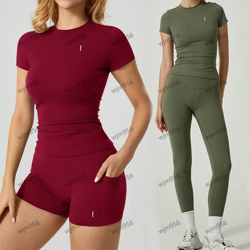 Yoga set women clothes Yoga Outfit Shirt Top workout sets Side pocket shorts tracksuit Cew Neck Fintness Short Sleeve gym Long sleeved leggings gym sets womens
