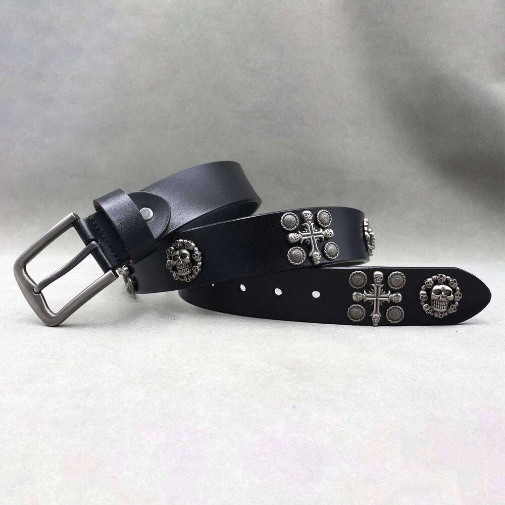 Skull Flower Rivet Metal Pyramid Genuine Leather for Men and Women Hardware Jeans Belt Female Belts Z260226