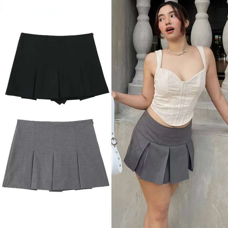 HXAO Mini Pleated Skirts For Women 2025 Black Darkgrey Pants Elegant A Line High Waist Culottes Korean Style Skirt Shorts Z260314