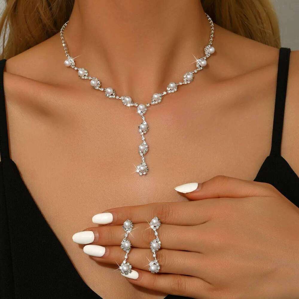 Women Pearl Rhinestone Jewelry Set Necklace Bracelet Earrings Party Prom Evening Fashion Accessories Z260313