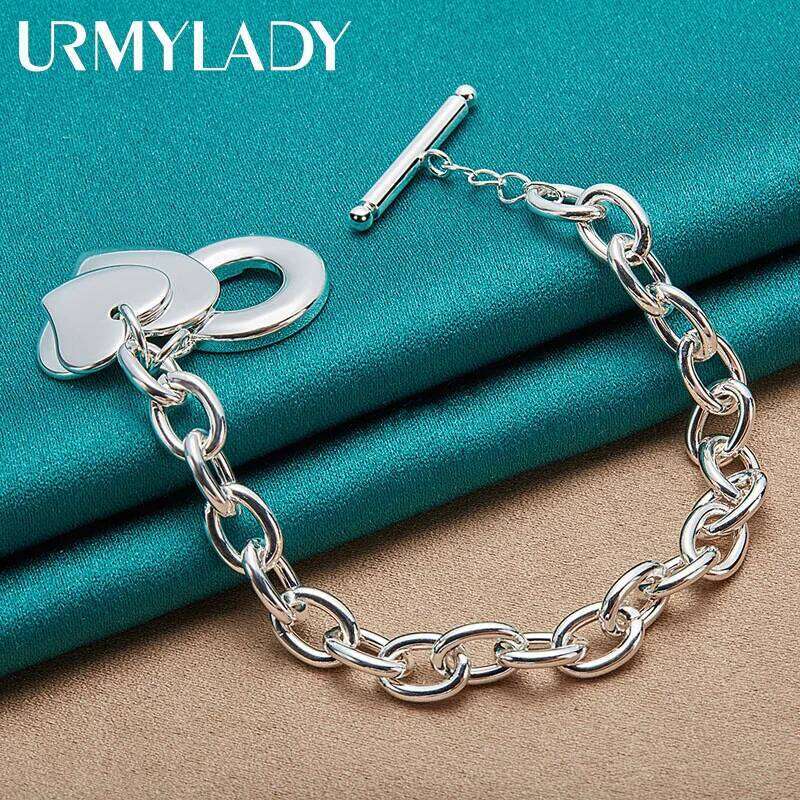 URMYLADY 925 Sterling Silver Double Heart Pendant Bracelet For Women Wedding Party Charm Jewelry Z260313