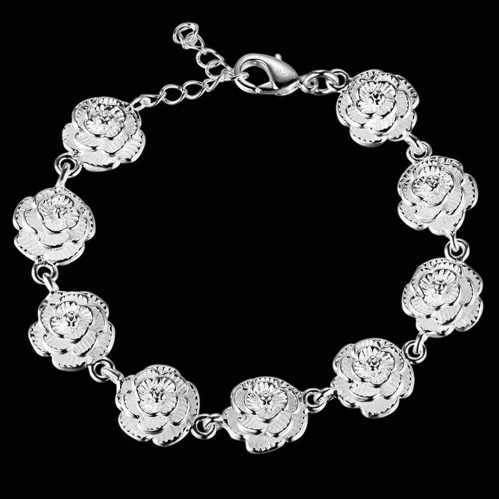 Charm 925 Sterling Silver Rose Flower Chain Bracelet For Women Fashion Pretty Party wedding accessories gift fine luxury Jewelry Z260313