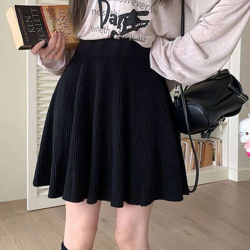 Autumn Winter Knitted White Mini Women Korean High Waist A Line Pleated Skirt Woman Preppy Style All Match Short Skirts Z260314
