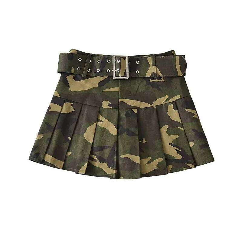 Street Women Pink Camouflage Mini Dance School Girls High Waist Belt Camo Pleated Skirt Cosplay A Line Skirts New Z260314