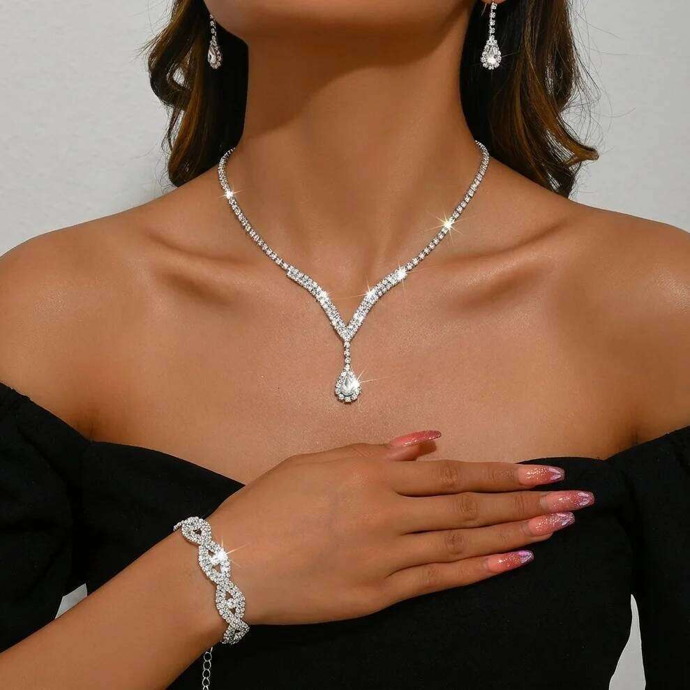 Women's Shiny Geometric Rhinestone Crystal Necklace Choker Chain Bracelet Earrings for Bride Wedding Party Nightclub Jewelry Set Z260313