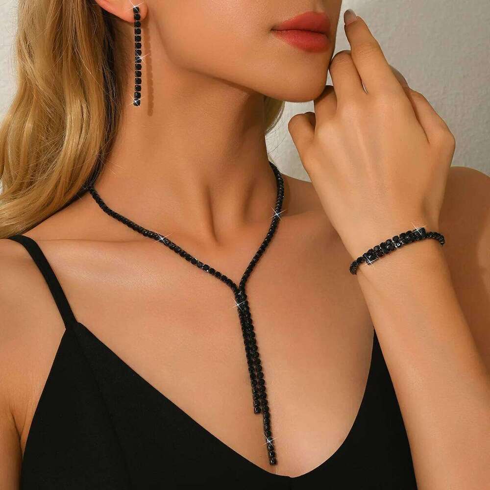 Black Copper Alloy Beaded Jewelry Set: Y-Necklace Long Earring + Bracelet Women's Minimalist Statement Accessories for Party Z260313