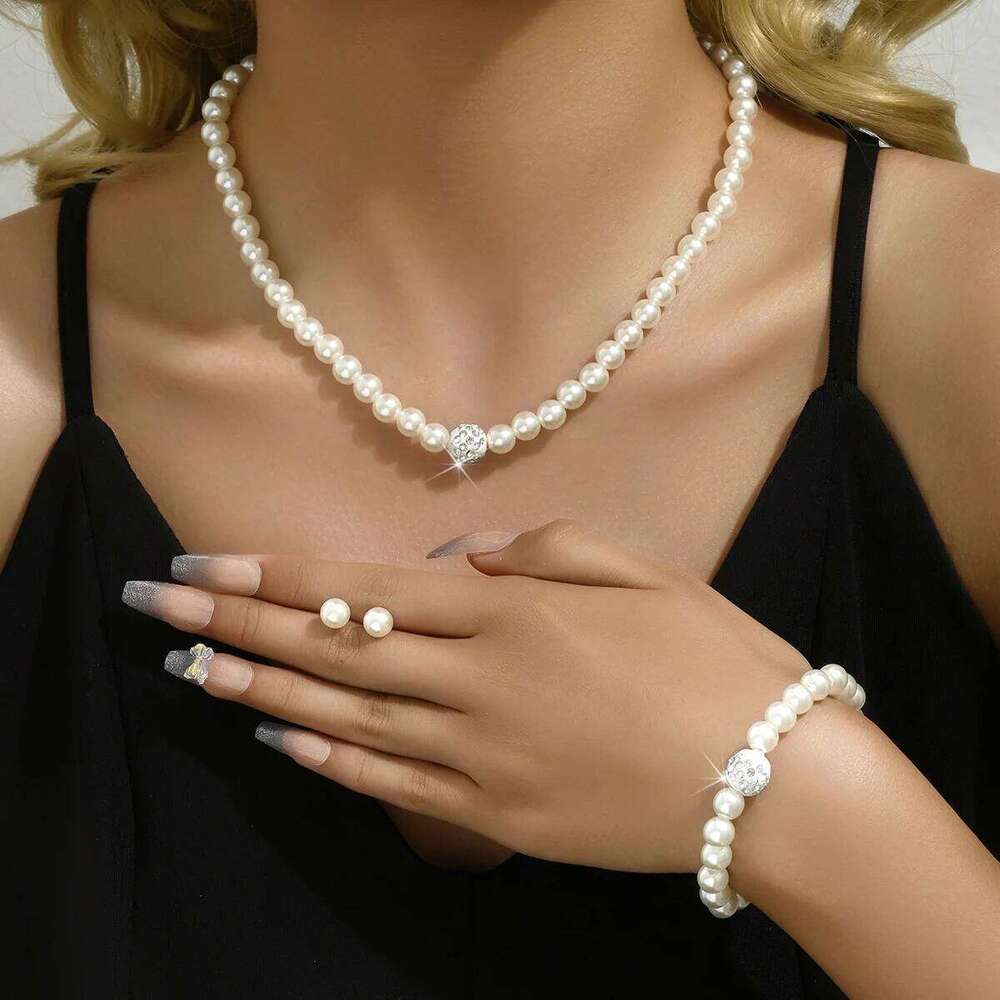 Cross border New Bridal Accessories Pearl Inlaid Diamond Jewelry Simple and Versatile Chain Set Z260313