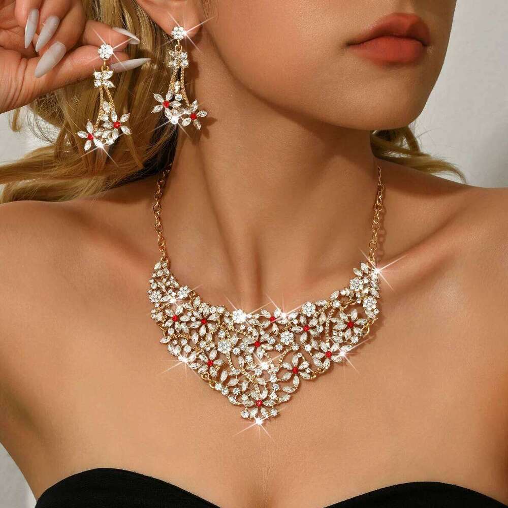 New Light Luxury Flower Accessories Water Diamond Bridal Wedding Necklace Earrings 2-piece Fashion Set for Women Z260313