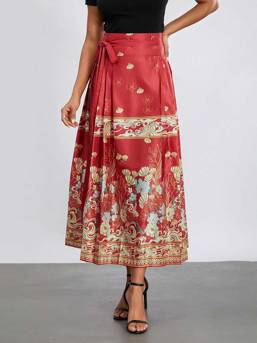 Women s Horse Face Skirt EleGant Phoenix Character Flower Print Pleated Tie Up A-Line Long Swing Skirt Clothing M260314