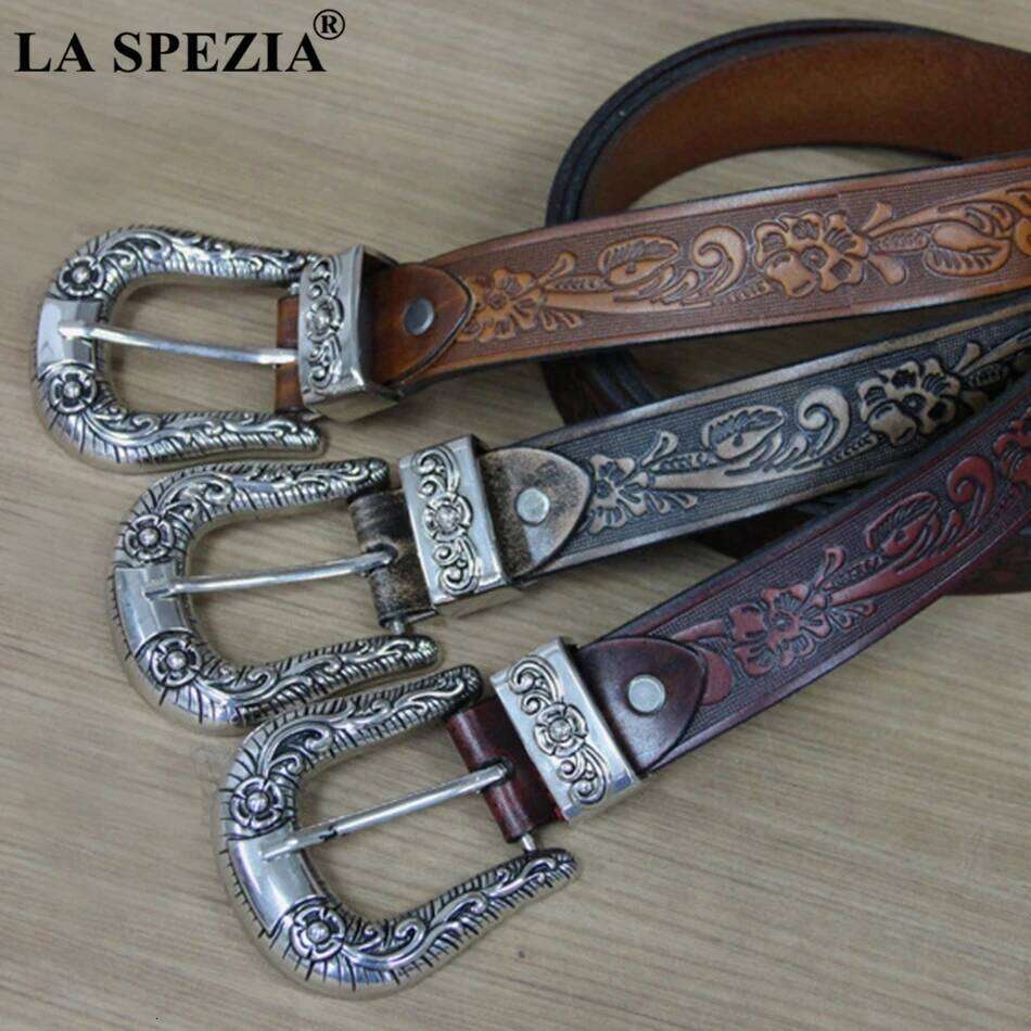 LA SPEZIA Real Men High Quality Camel Pin Male Retro Brand Cowhide Genuine Leather Carving Belt 130cm Z260226