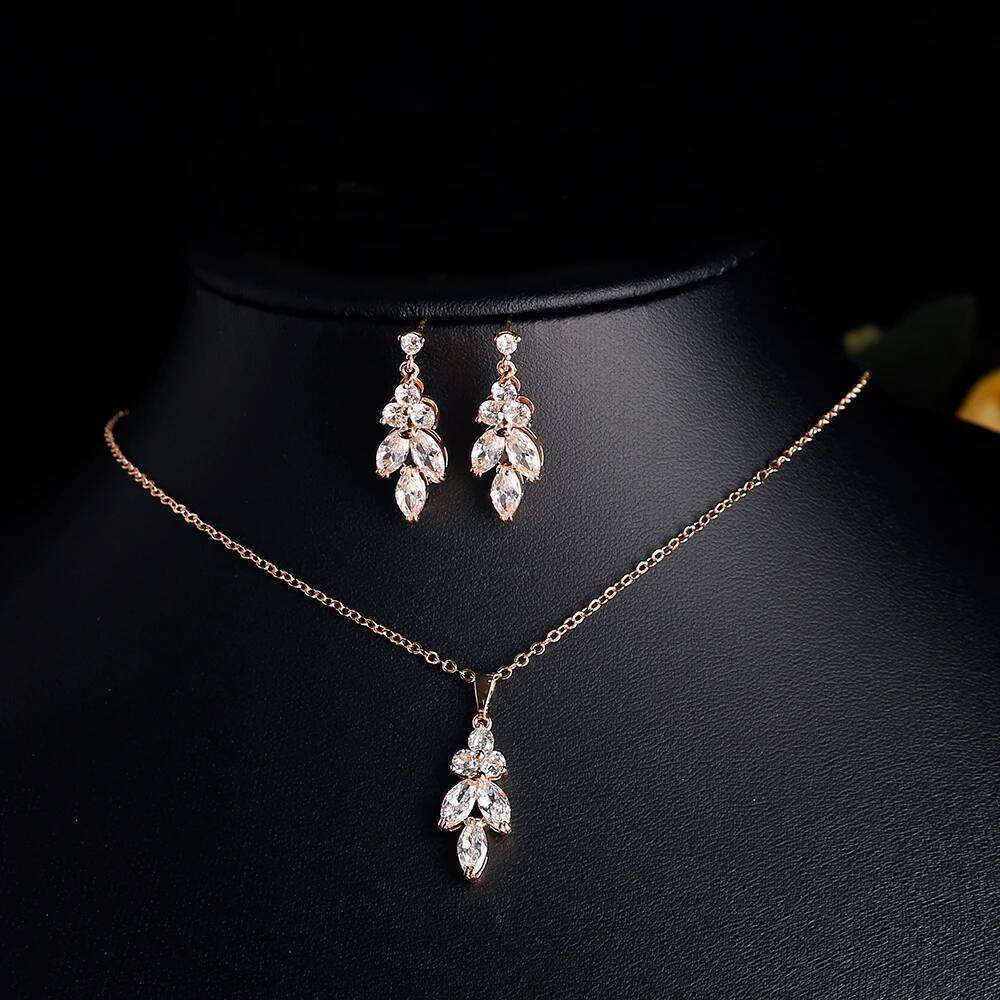 ZAKOL Classic AAA Cubic Zirconia Leaf Dangle Earrings&Necklace Set Sliver/Gold/Rose Gold Color Wedding Party Jewelry Accessories Z260313