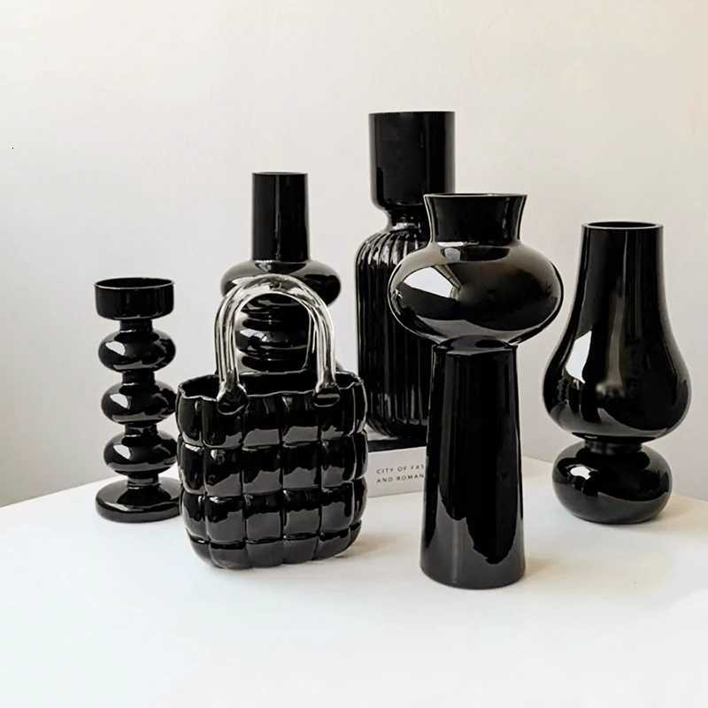 Modern Black Glass Vase Minimalist Decorative Flower Vase for Living Room Bedroom Office Elegant Home Decoration Centerpiece Y260314