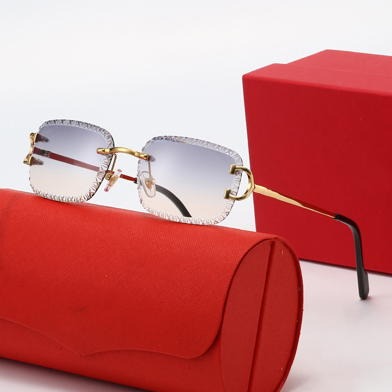 Mens Designer Rimless Square Sunglasses - Metal Frame C-Logo Accents Multi-Color Lens UV400 Protection Retro Luxury Glasses for Women Driving