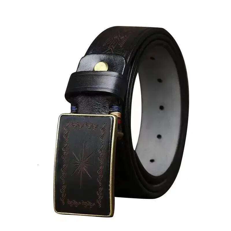 Men Retro Handmade Genuine Leather Fashionable Vintage Carving Pattern Smooth Buckle Belts Male Jeans Waistband Belt Z260226