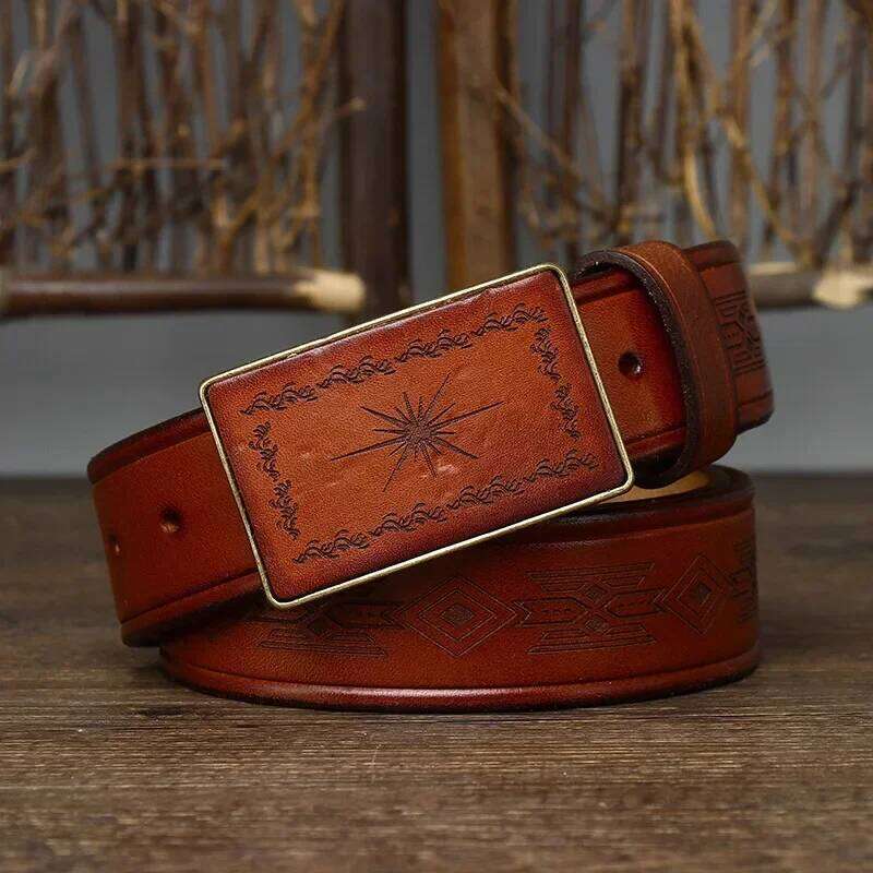 Men Retro Handmade Genuine Leather Fashionable Vintage Carving Pattern Smooth Buckle Belts Male Jeans Waistband Belt Z260226