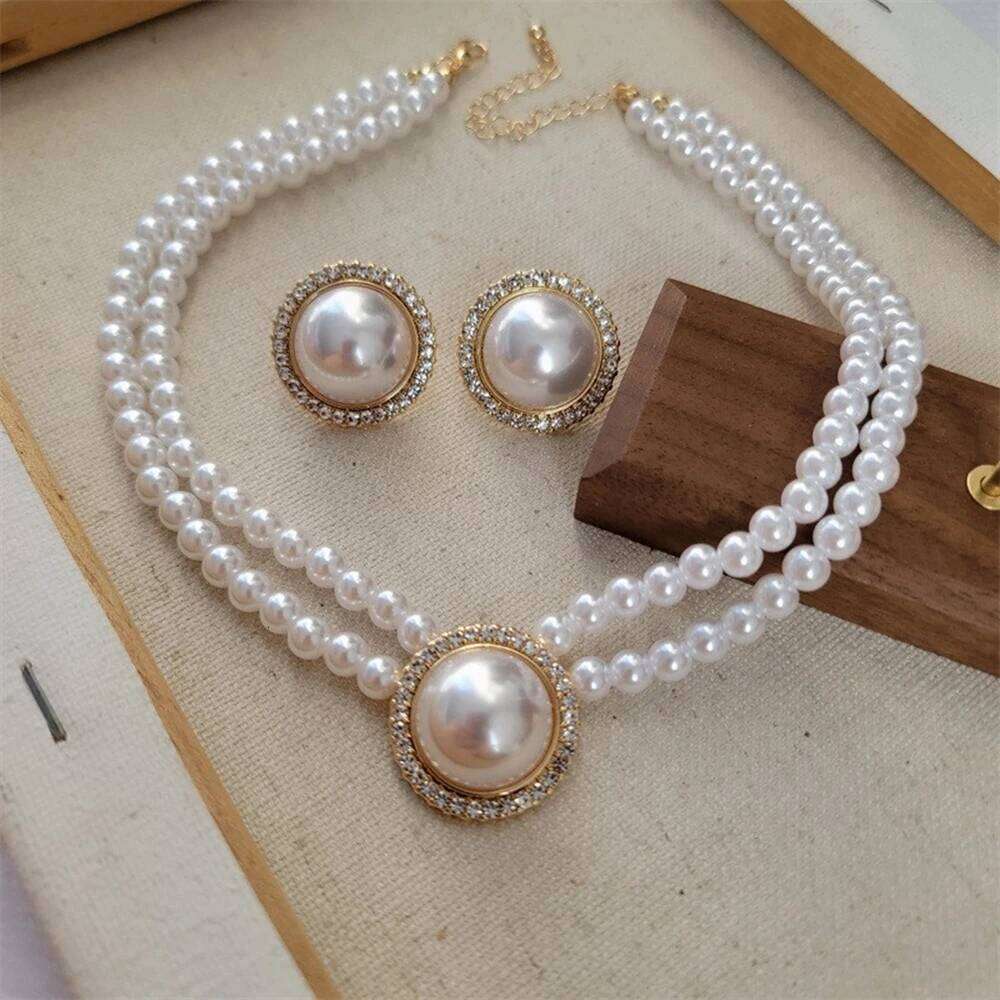 New Fashion Elegant Round Alloy Rhinestone Imitation Pearl Beaded Necklace Earring Jewelry Set Bridal Wedding Accessories Z260313