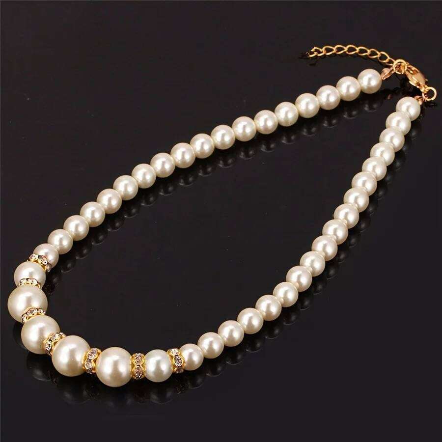 4pcs/Set Faux Pearl Jewelry Set with Necklace Bracelet,Pearl-Shaped Bracelet And Simple Gold-Tone Earrings for Women Z260313
