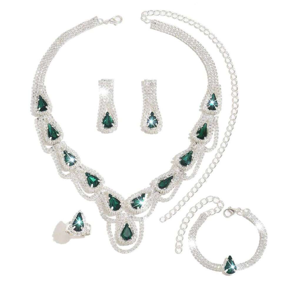 Full diamond design, fresh and simple two-color necklace, ring, earring, bracelet combination, four piece set Z260313